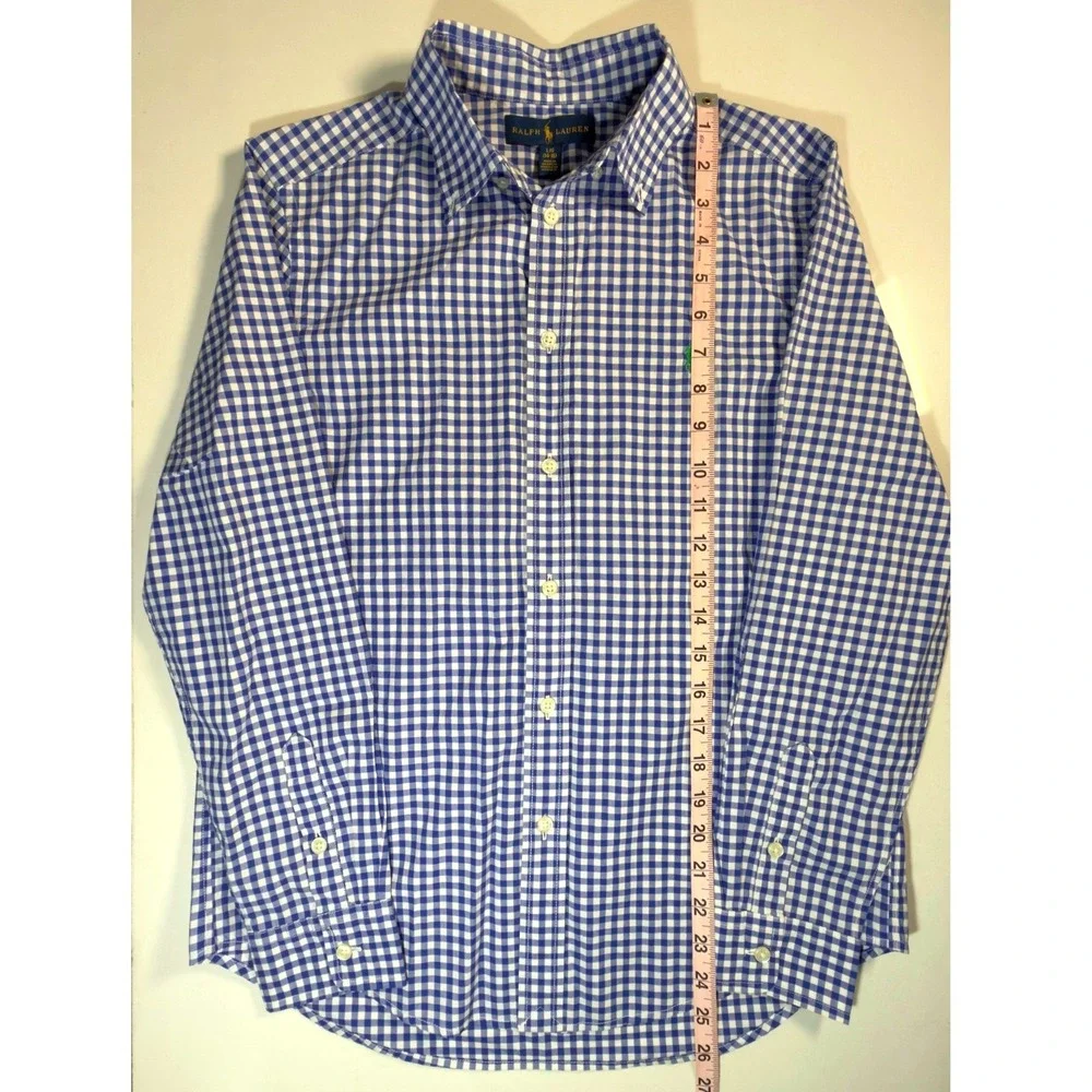 Ralph Lauren Button Down Shirt Boys L 14-16 Blue Gingham Excellent Long Sleeve